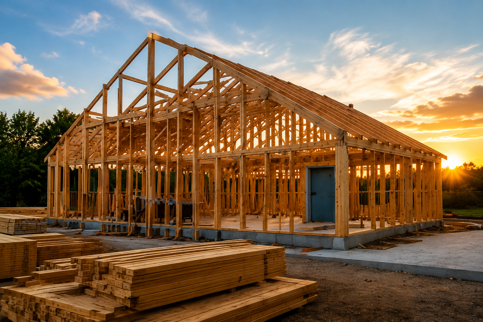 Timber frame construction at sunset