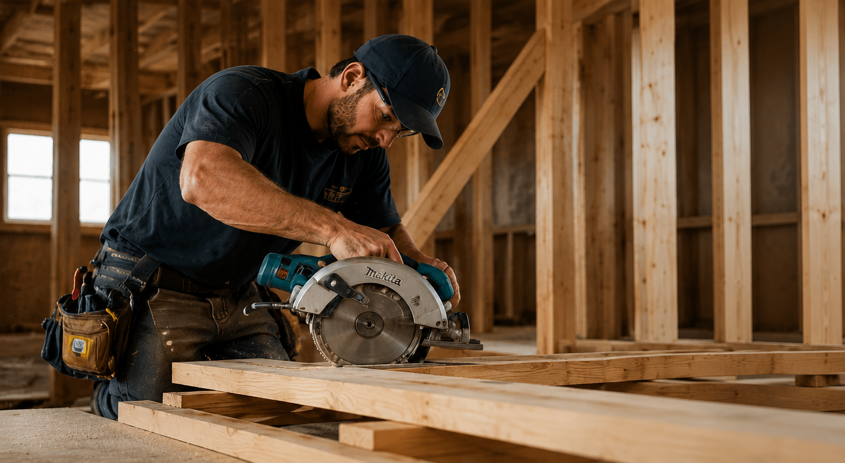 Carpenter working with circular saw